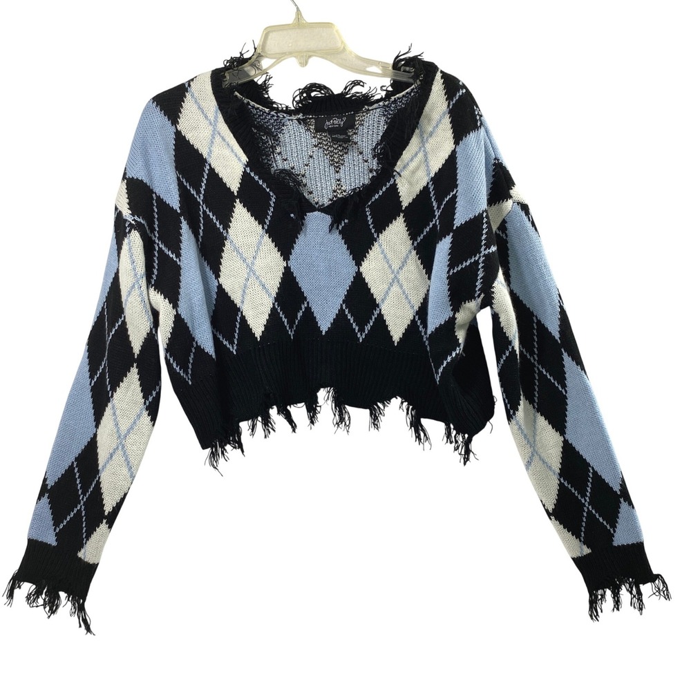 Just Polly Sweater Womens M Argyle Cropped Distressed Blue Black Fringe Boho